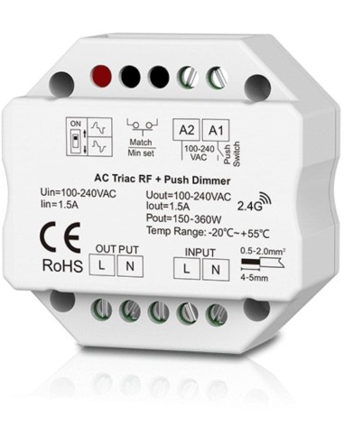 Dimmer LED 1 Canale RF 2.4G + Push 230V – Taglio di Fase Leading/Trailing
