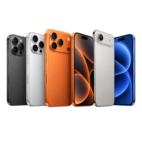 Sei iPhone ricondizionati in finiture arancione, titanio, argento, grafite e blu