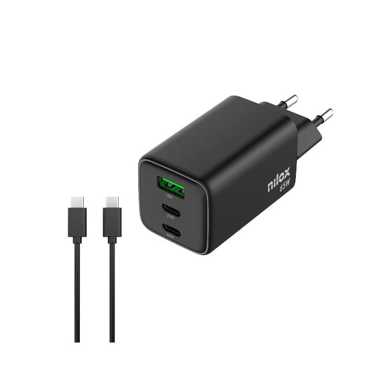NXGANUSBC65-000-10671-1 Nilox Caricabatterie GaN Nilox 65W 3 Porte USB-C Nero con Cavo 2m - immagine 1